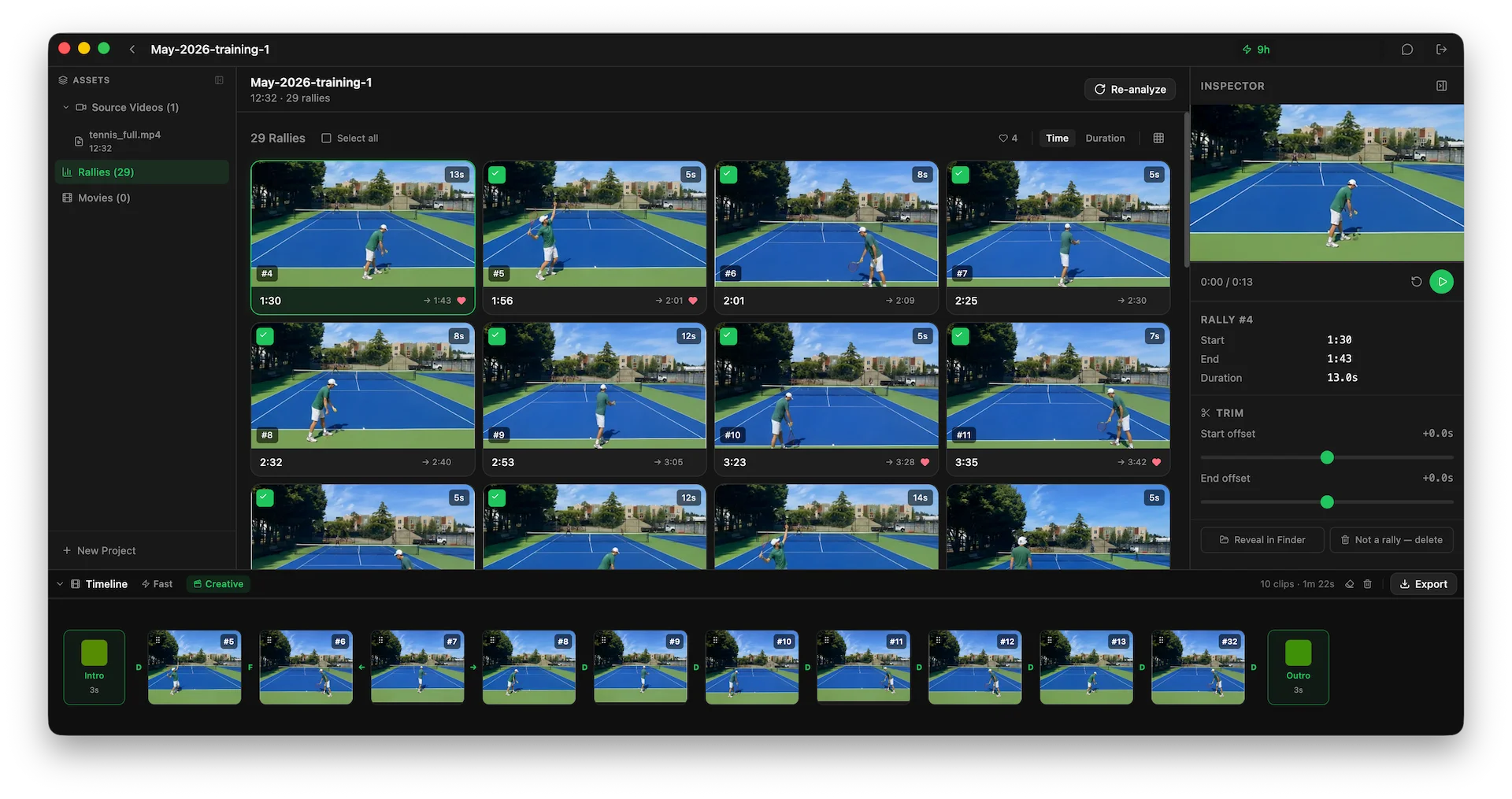 Rallytics app — rally clips streaming in as the session video is analyzed